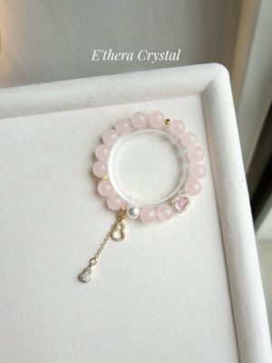 *Instocks* Cordelia Twin - Sakura Rhodonite, Rose Quartz & Freshwater Pearl with Sparkly Pink Clover Crystal Bracelet (Elastic)